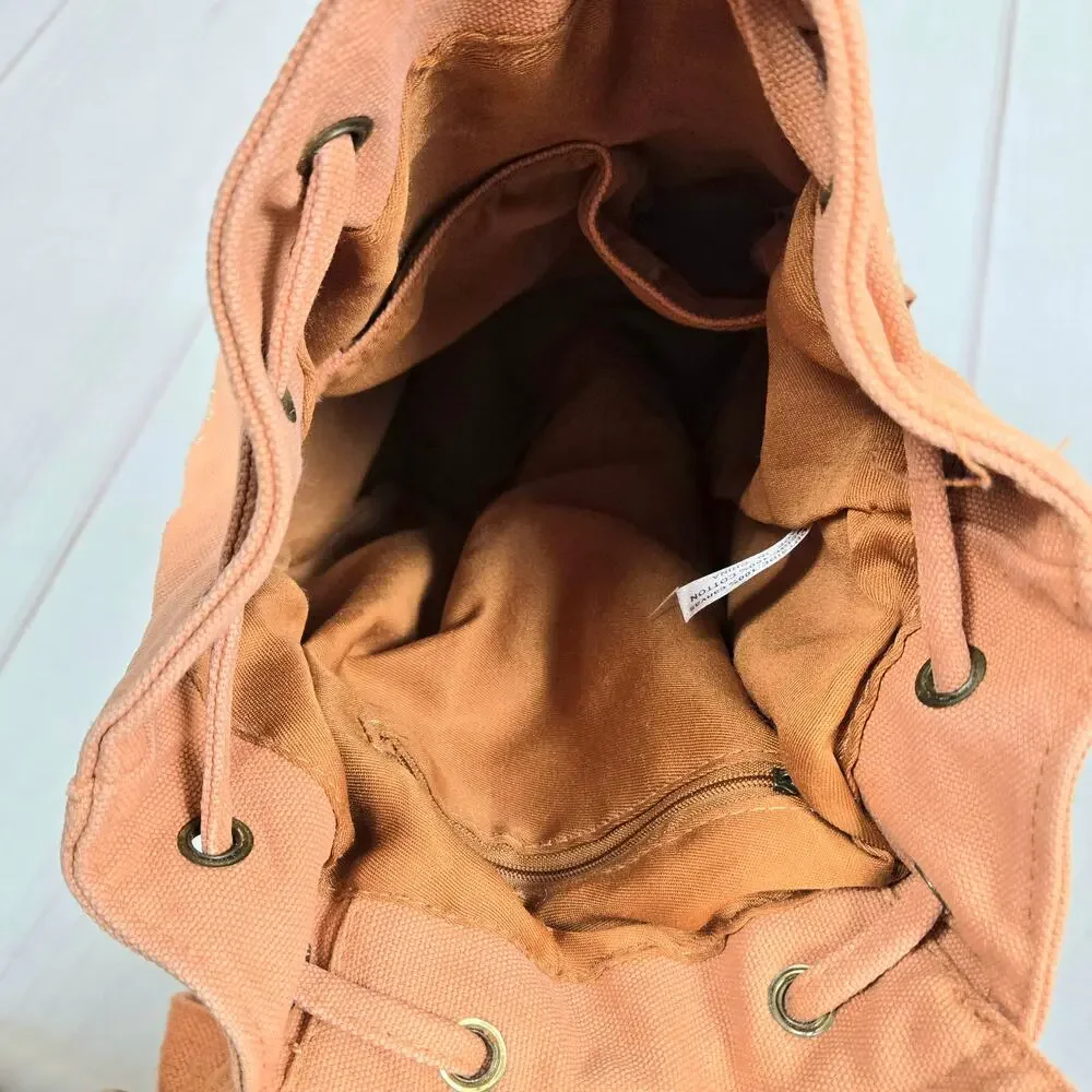 Embroidered Suede Fringe Canvas Bucket Backpack Salmon